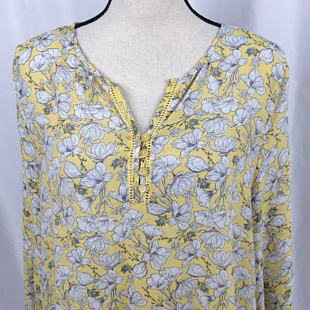 Liz Claiborne Women's Top‎ Large Yellow Floral Peasant Henley
